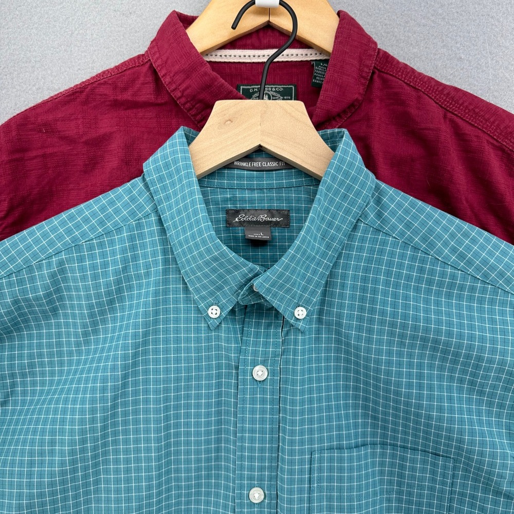 SET (2) G.H. Bass & Co. + Eddie Bauer Plaid Short Sleeve Button Down Shirt SZ L